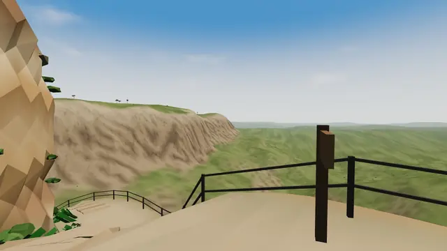 A railed ledge cut into a sandstone cliff above a valley, Blue Mountains